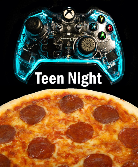 Teen Night showing Xbox controller and pizza