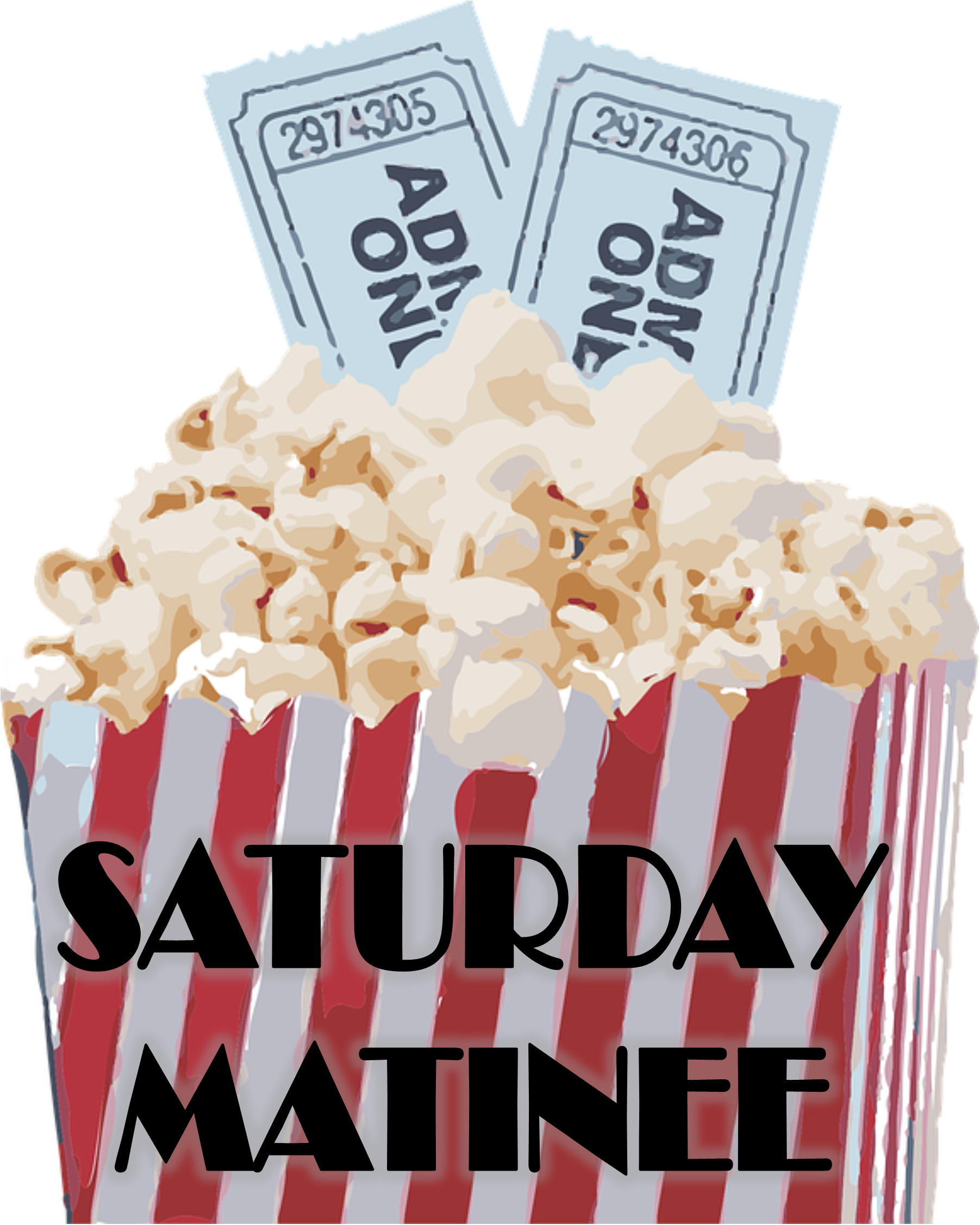 Top of a popcorn box with two tickets sticking up out of the popcorn and the words Saturday Matinee on the box.