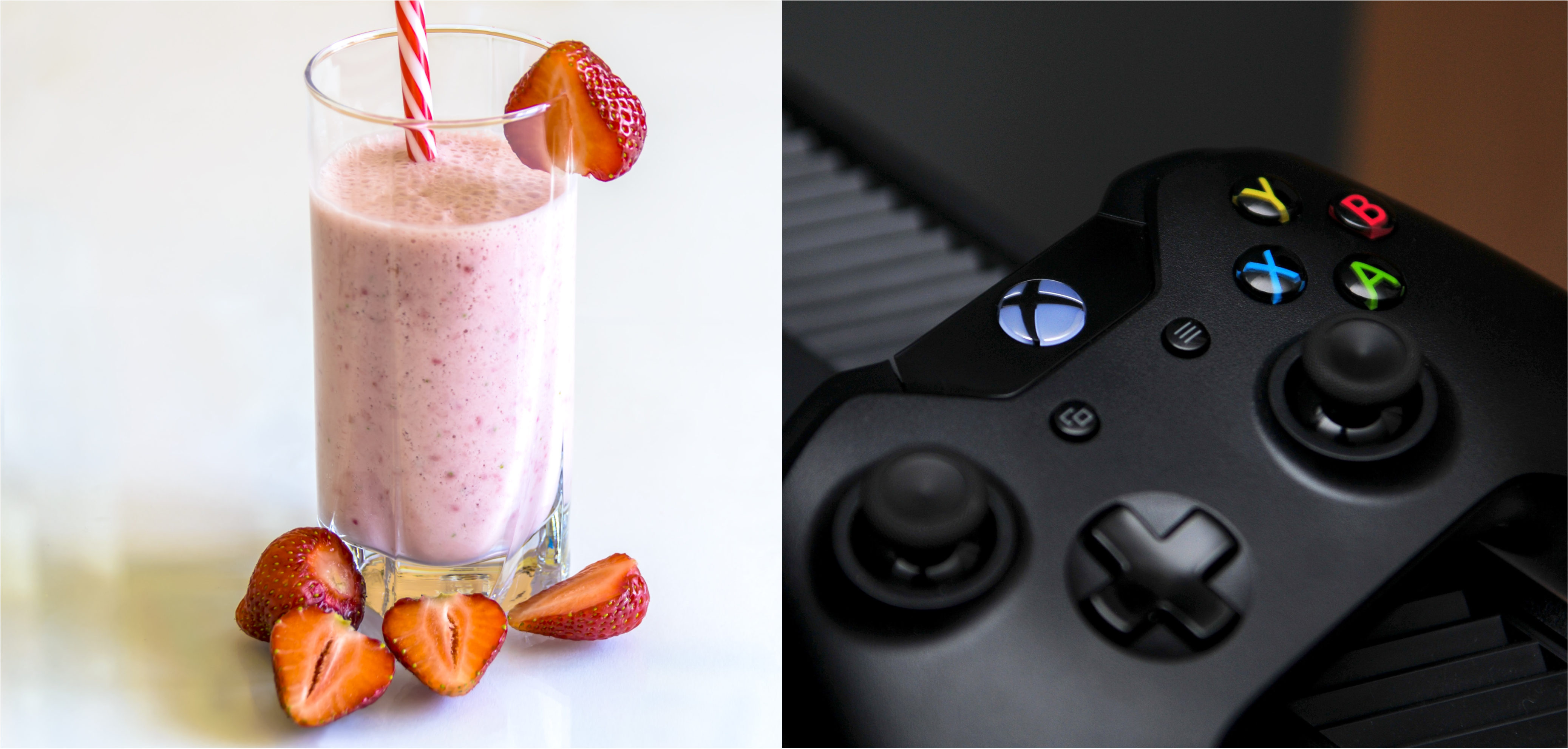 Side by side images of a strawberry smoothie and a x-box controller.