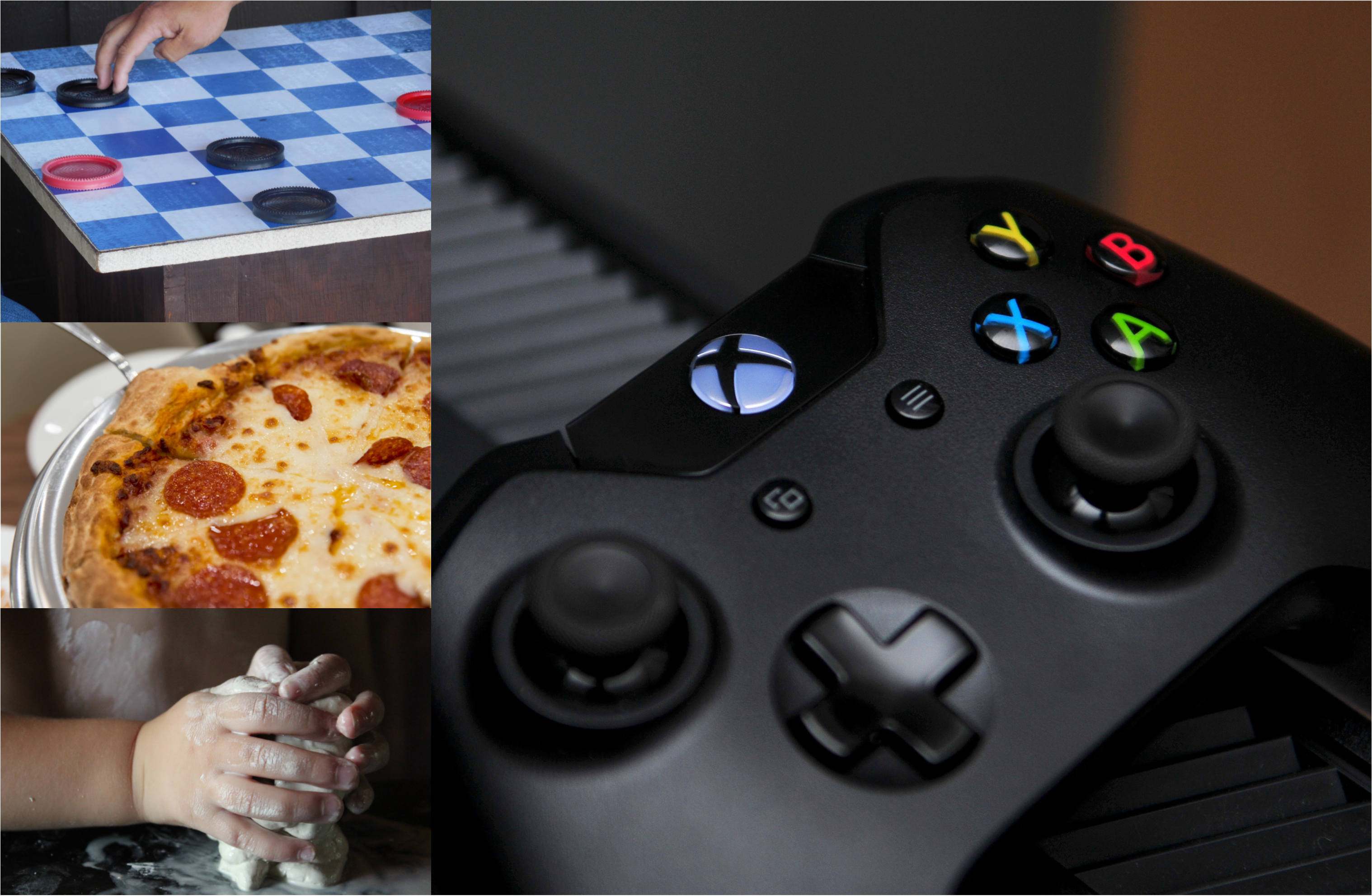 Collage of 4 images: Checker Board, Pizza, Hands working with Clay, and a Xbox controller.
