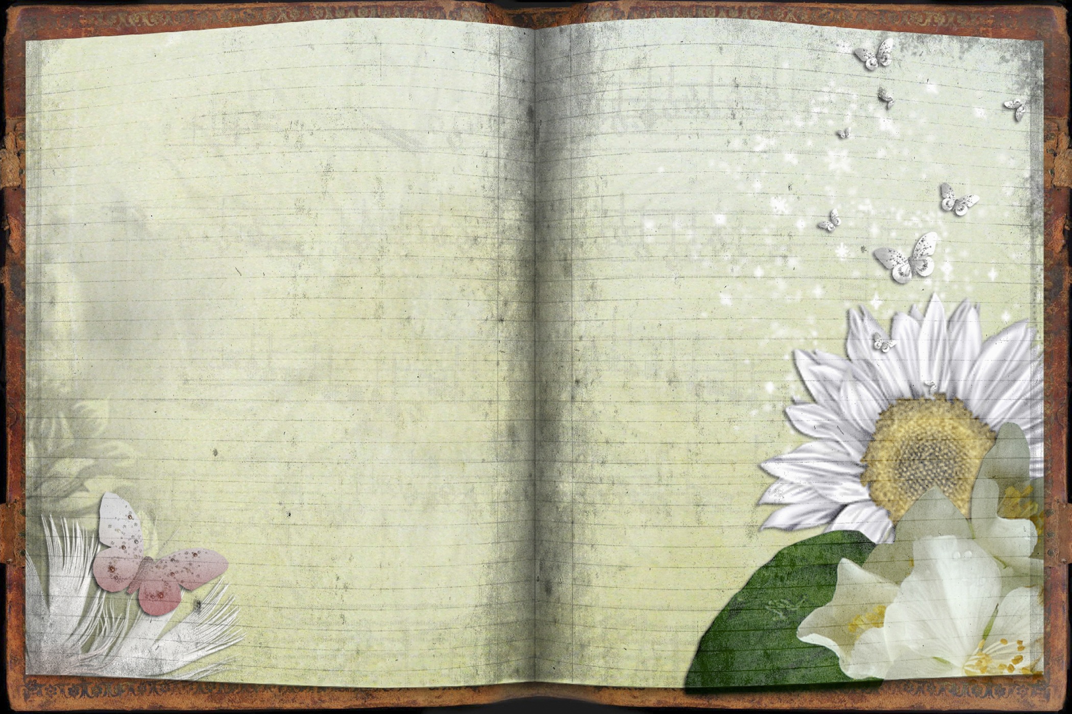 Open journal page decorated with flowers and butterflies.