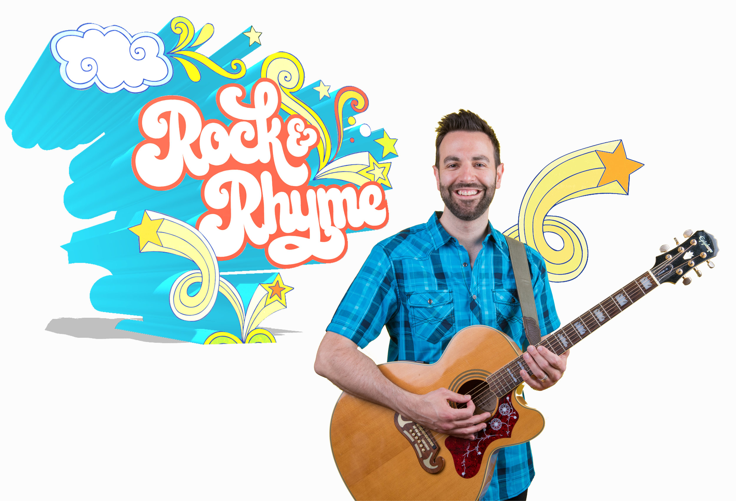 Musician Mr. Jon holding a guitar with a stylized logo for he's latest album Rock & Rhyme.