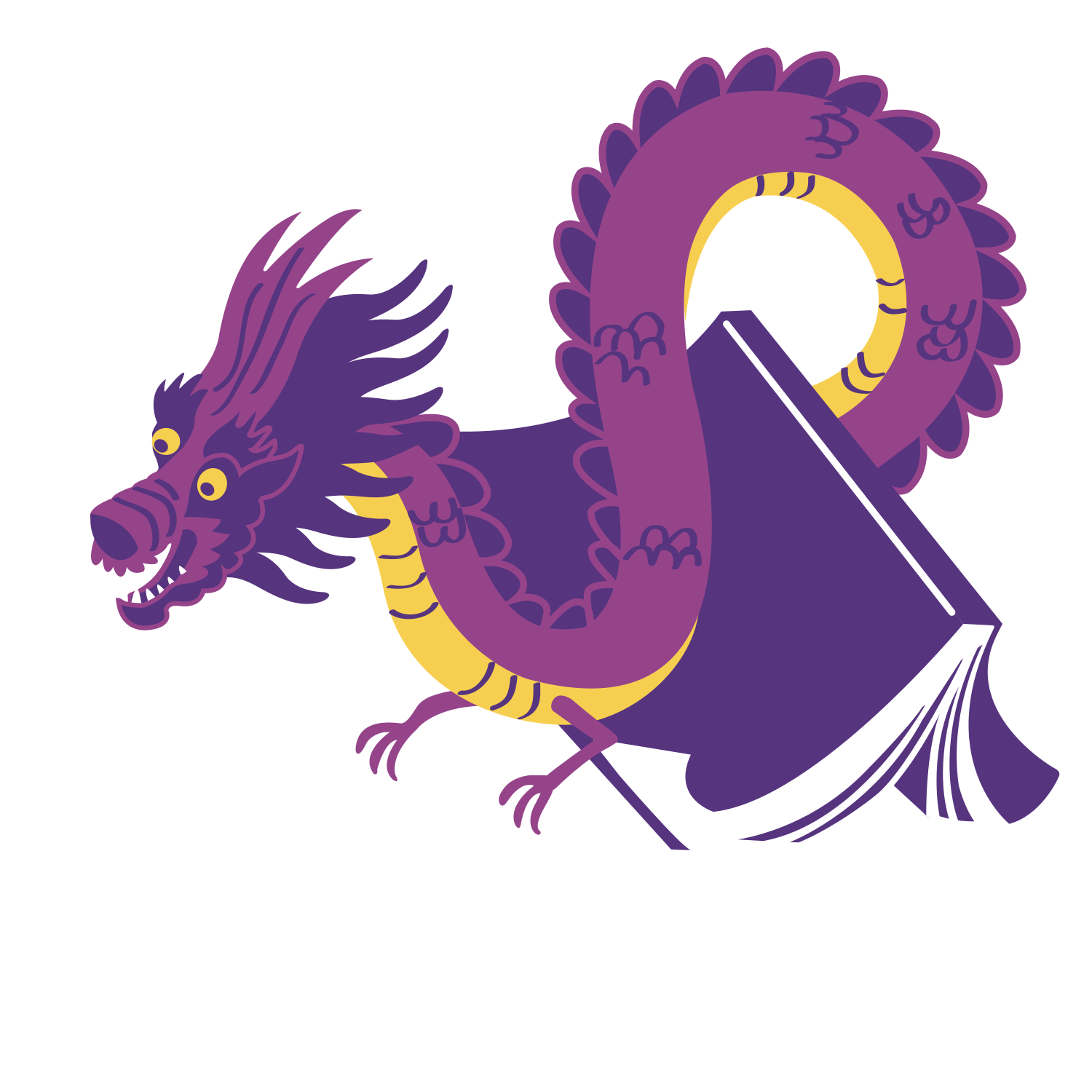 Illustration of a purple Chinese Dragon popping out of a book.