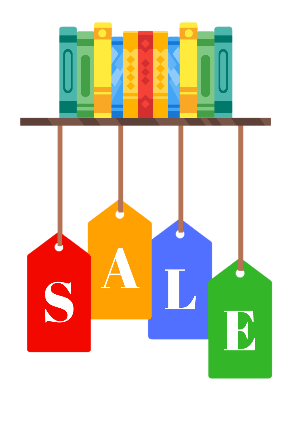Illustration of a shelf with books on it with four tags hanging below it that spell out the word SALE.