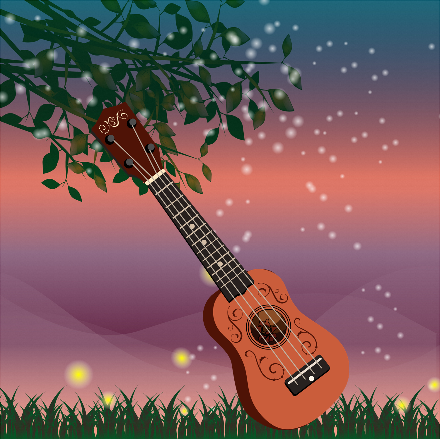 Illusstrated landscape with fireflies and a ukelele.