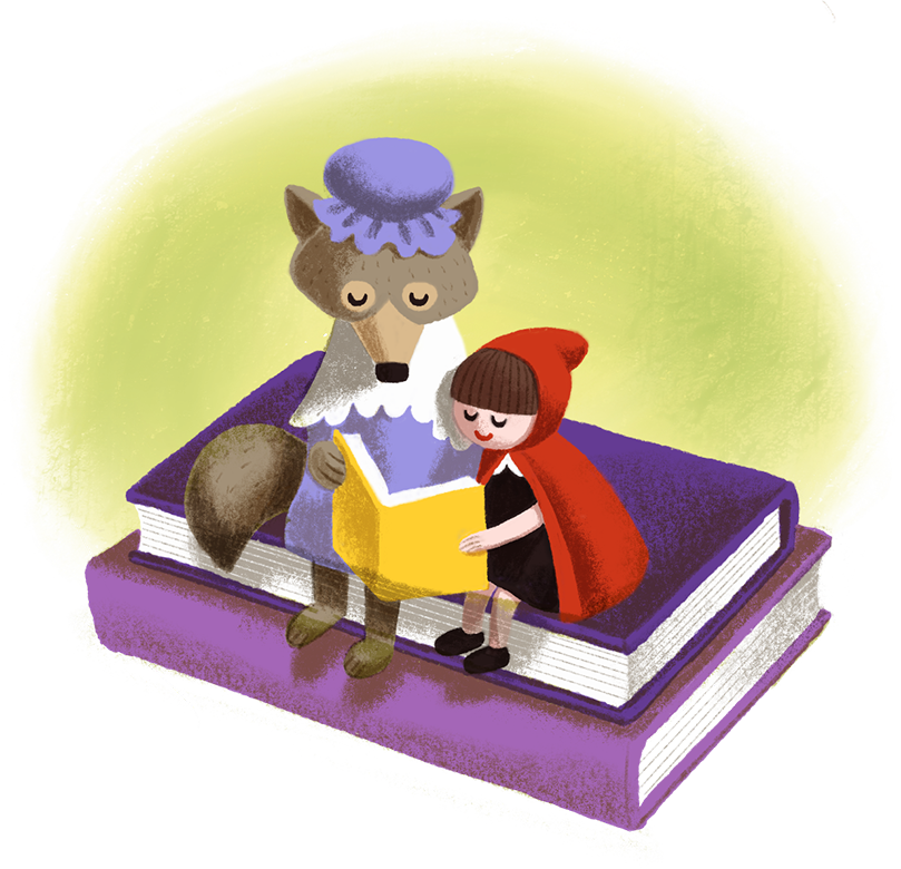 Illustration of Little Red Riding Hood and the Wolf dressed as grandma reading a book together while sitting on a stack of books.