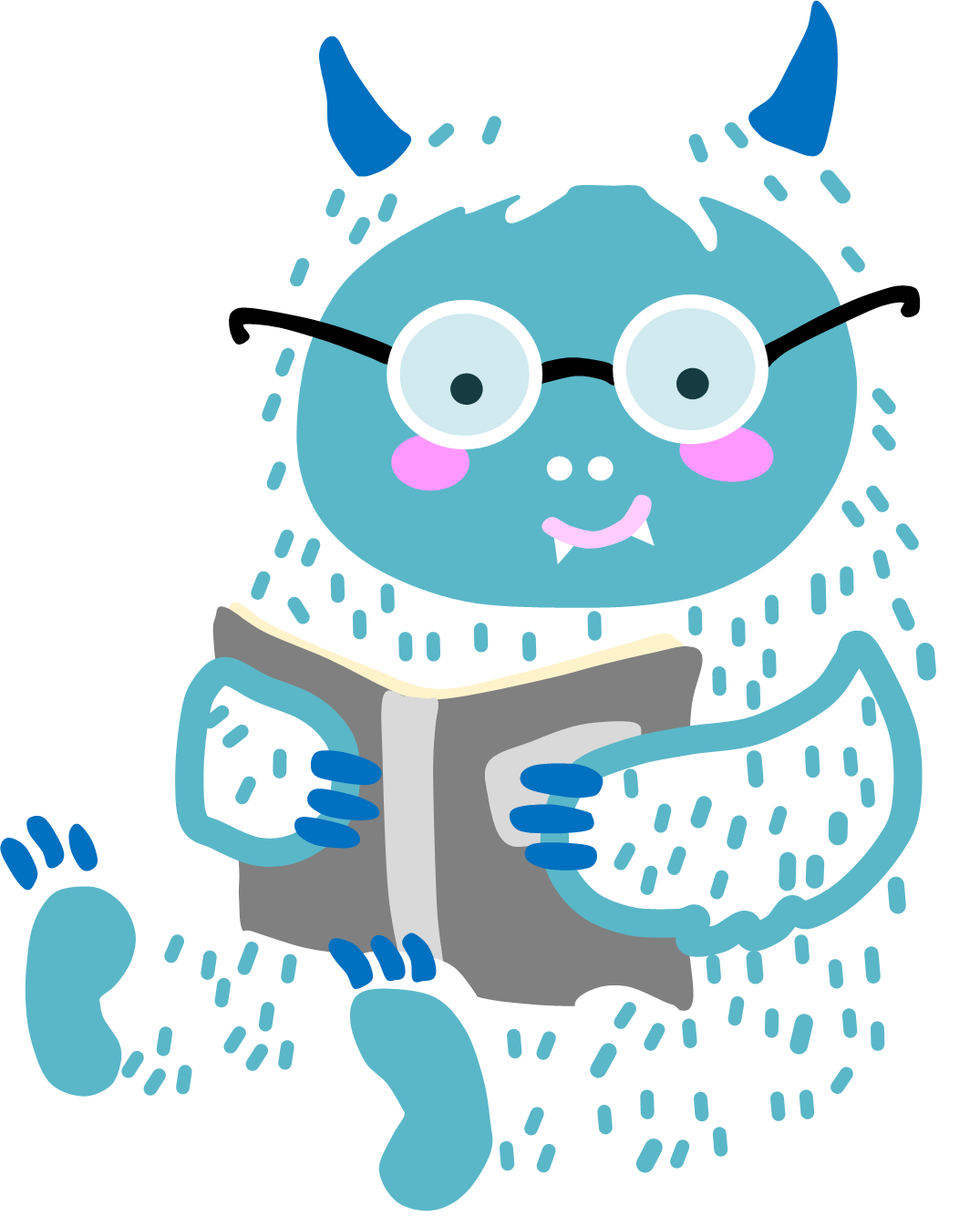 Illustration of a monster/yeti wearing glasses holding a book in his lap.