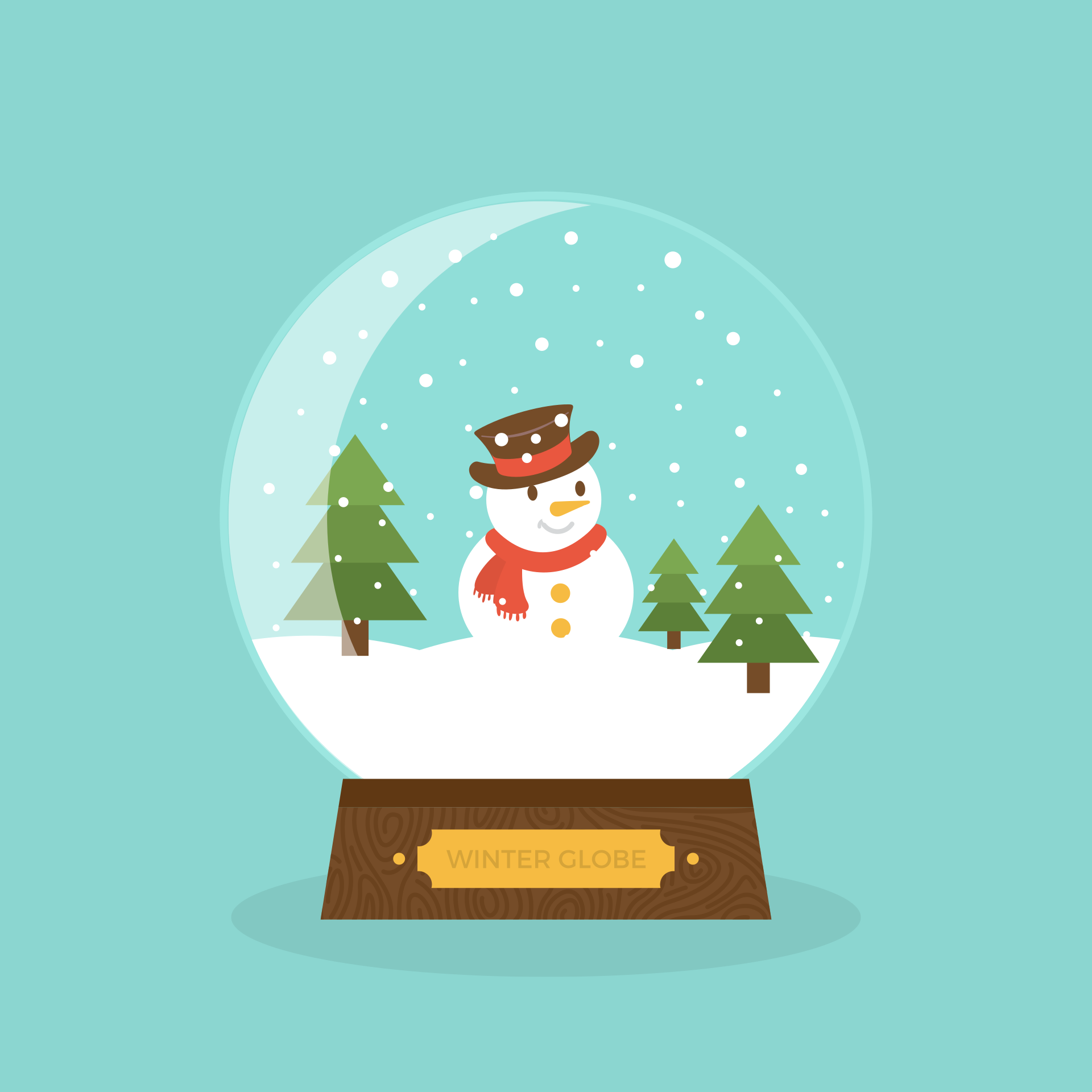 Illustration of a snowman and trees inside a snowglobe.