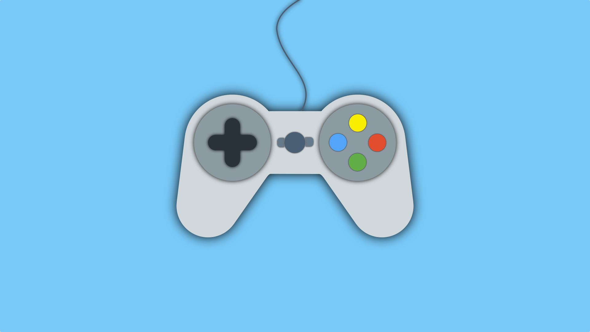 Illustration of a video game controller on a blue background.