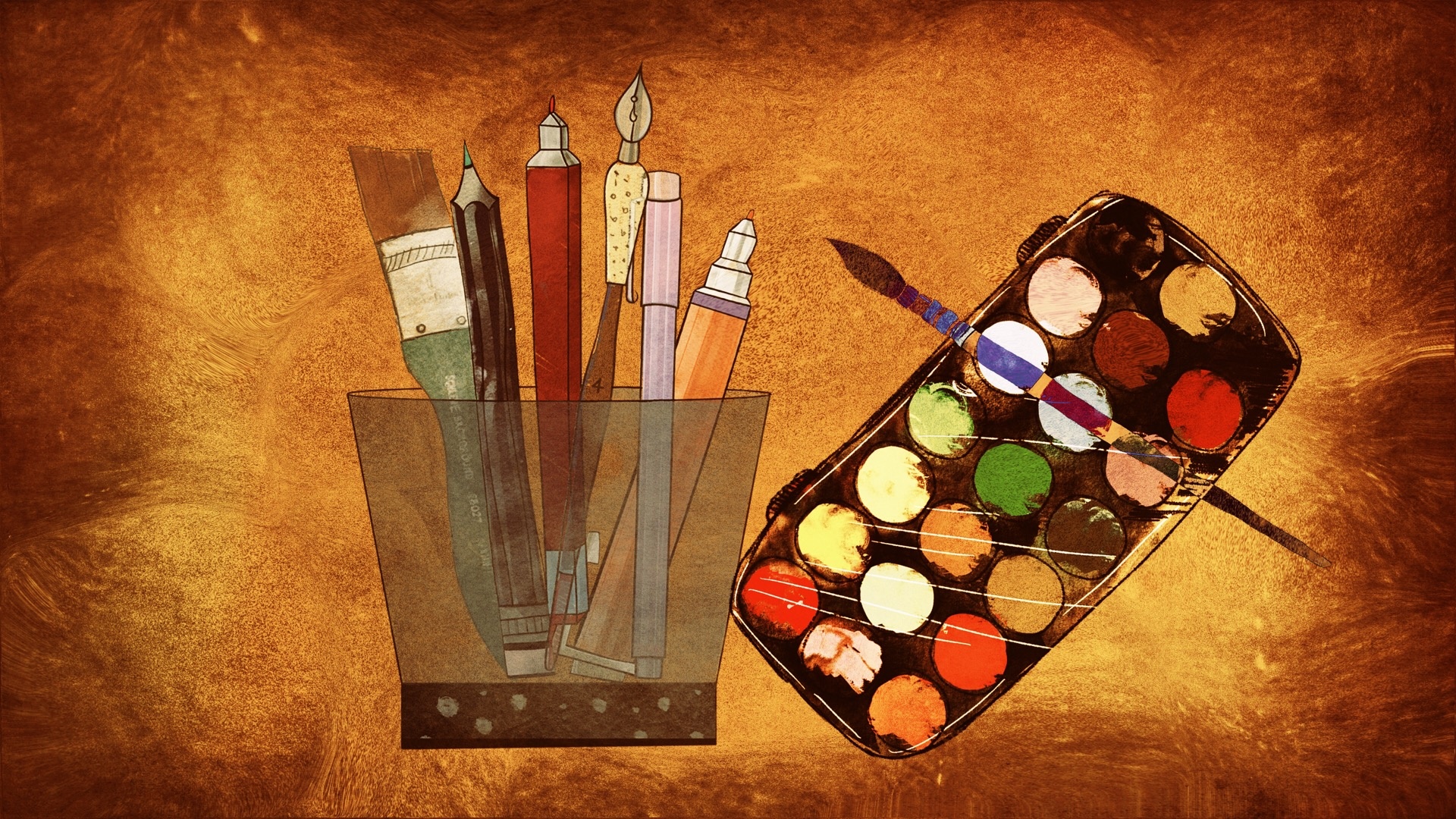 Bucket of art tools next to a paint palette and brush on a aged brown background.