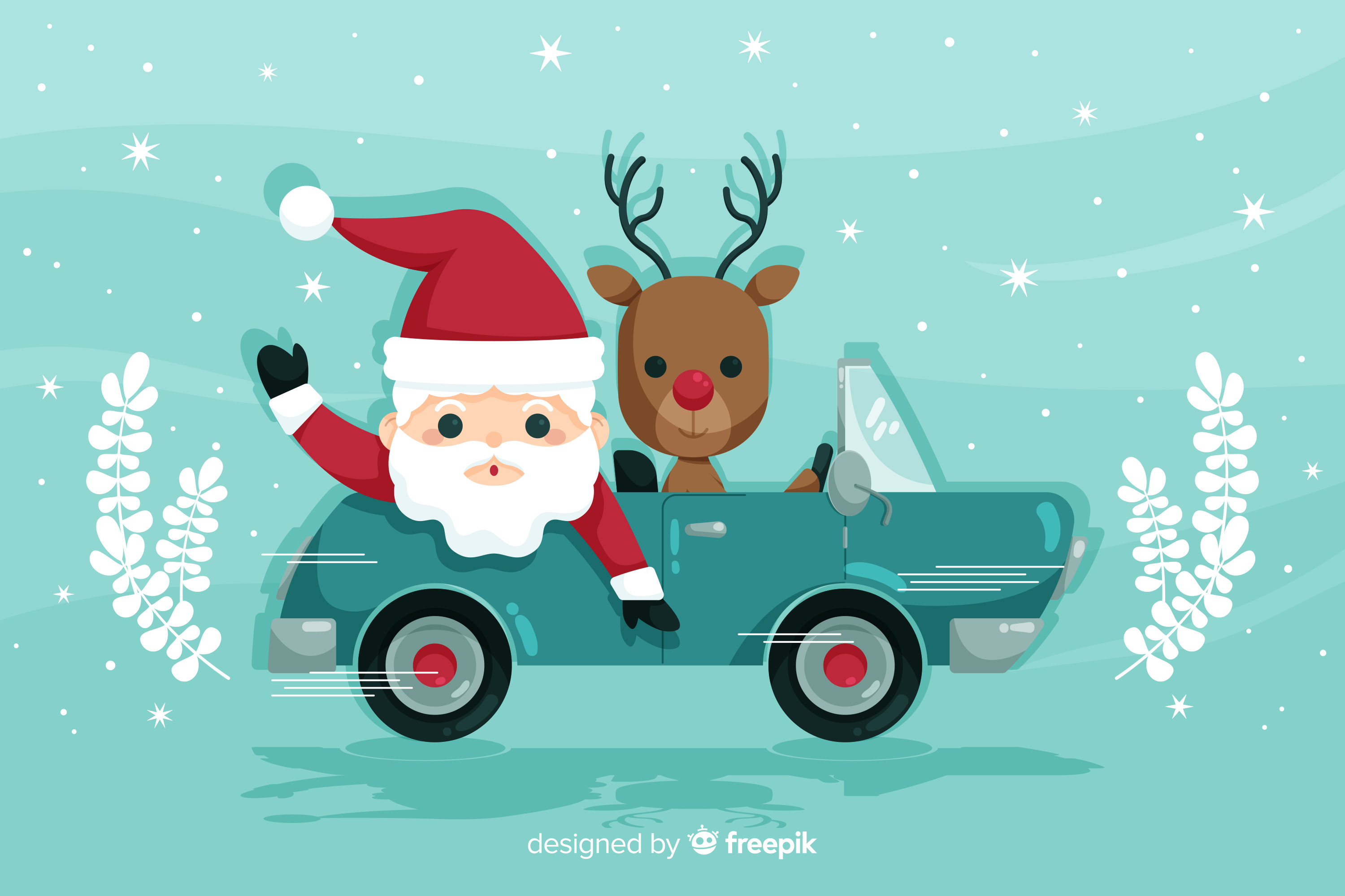 Santa Claus in a convertible with Rudolph illustration.