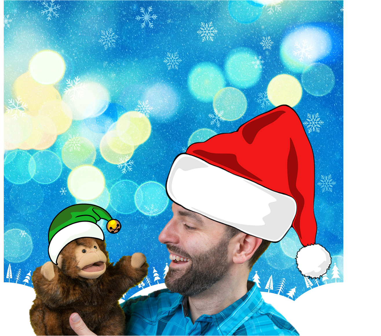 Image of Mr. Jon and his monkey puppet with added santa/elf hat and a sparkly, snowy background.