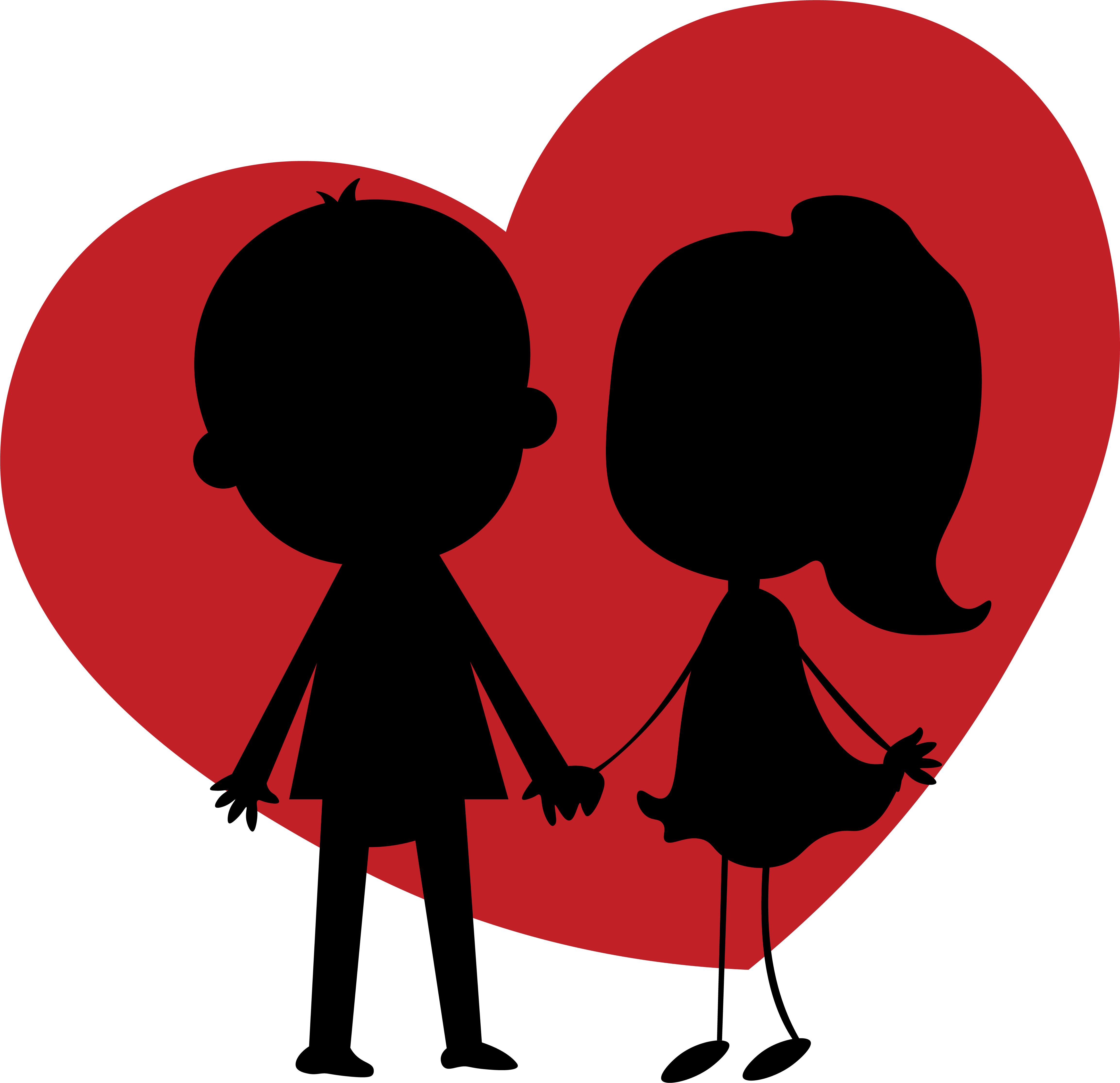 Illustration of a red heart with the silhouette of a boy and girl holding hands in front.