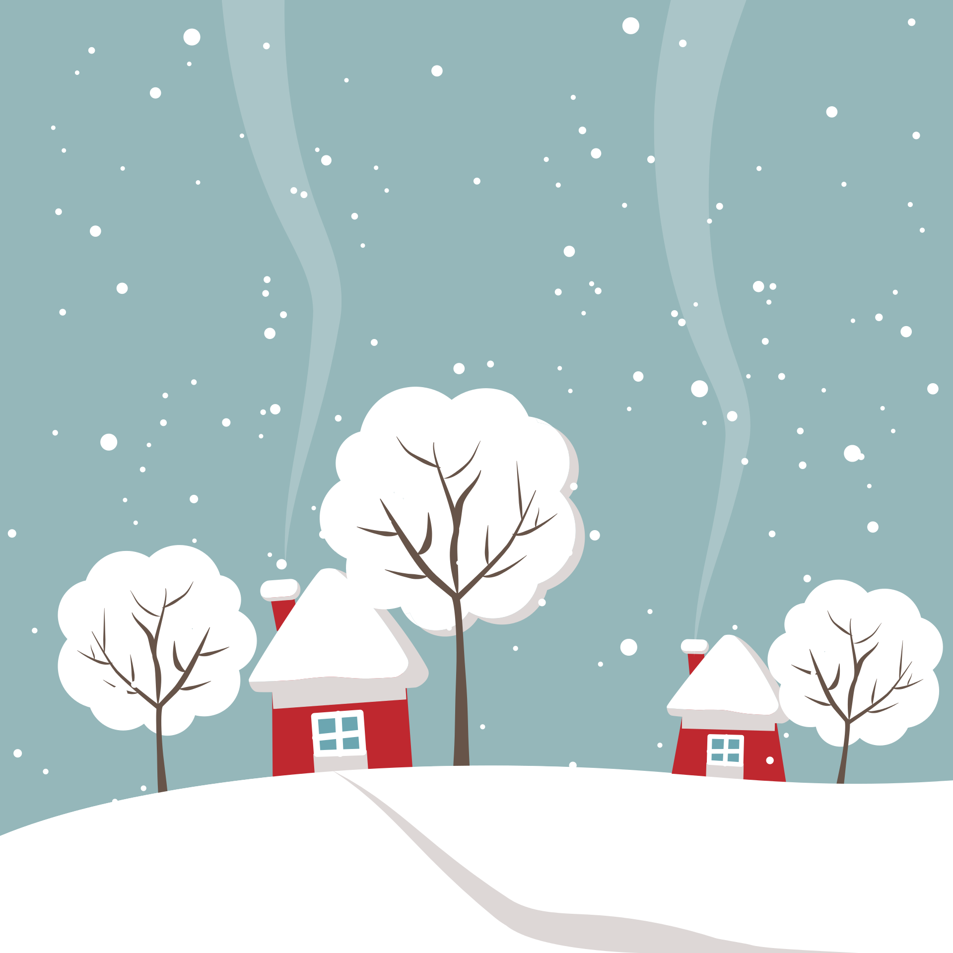 Illustration of a winter scene with trees and houses.
