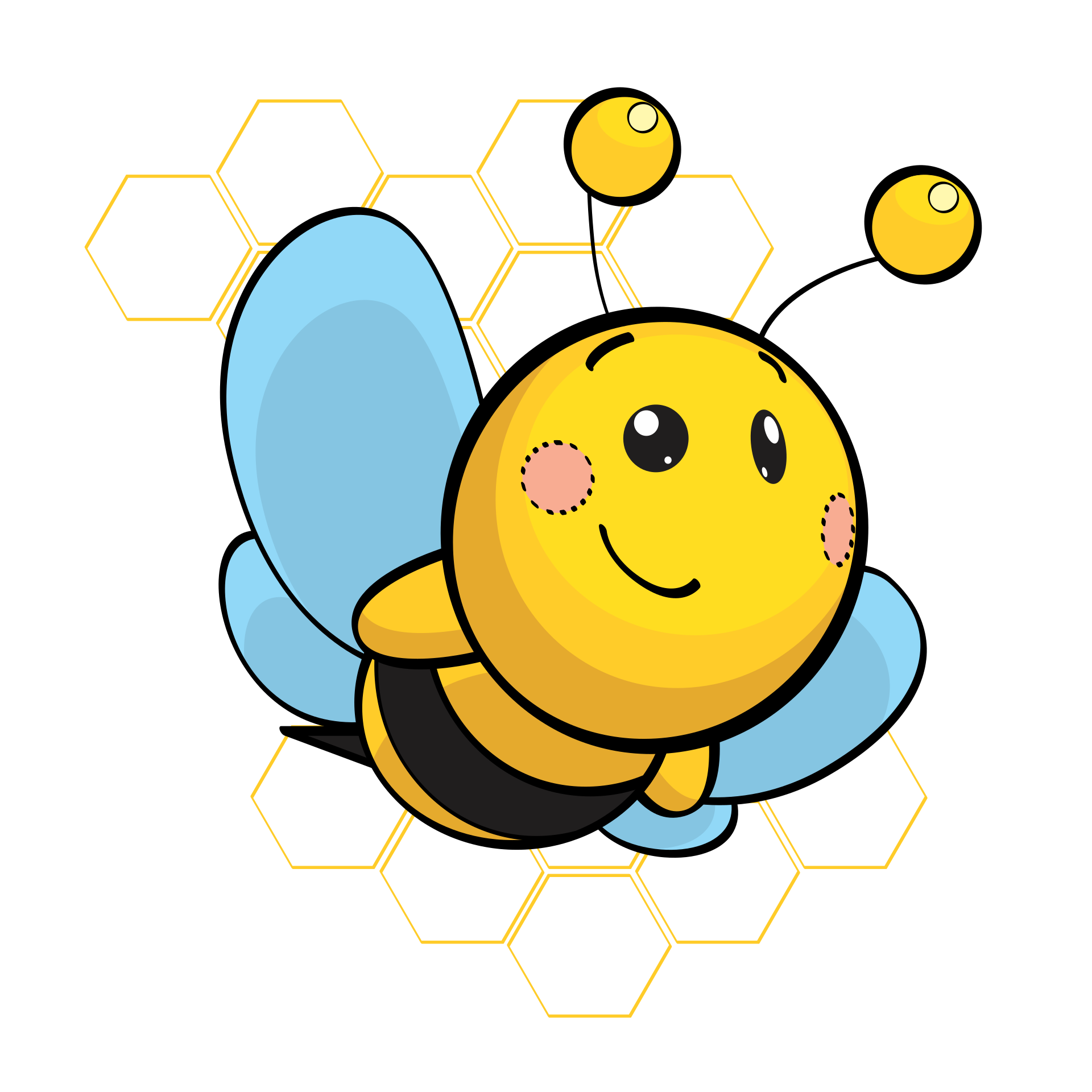 Illustration of a bumble bee with a honey comb background.