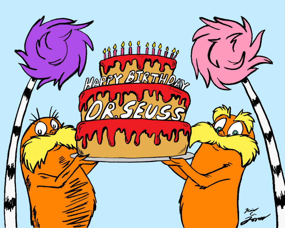 Two loraxes holding a cake that says Happy Birthday Dr. Seuss.