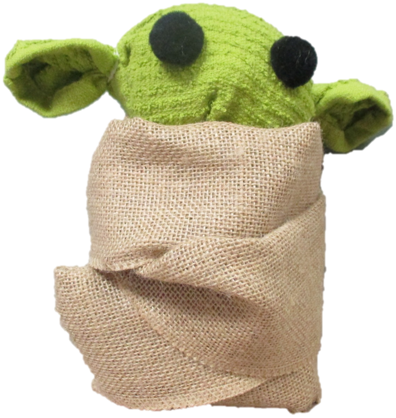 Baby Yoda made out of a washcloth, pom poms, and burlap.