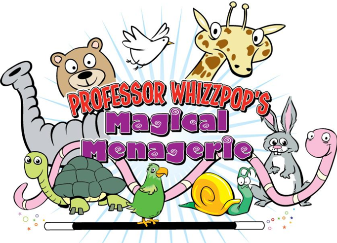 Logo for Professor Whizzpop's Magical Menagerie featuring cartoon animals and a magic wand.