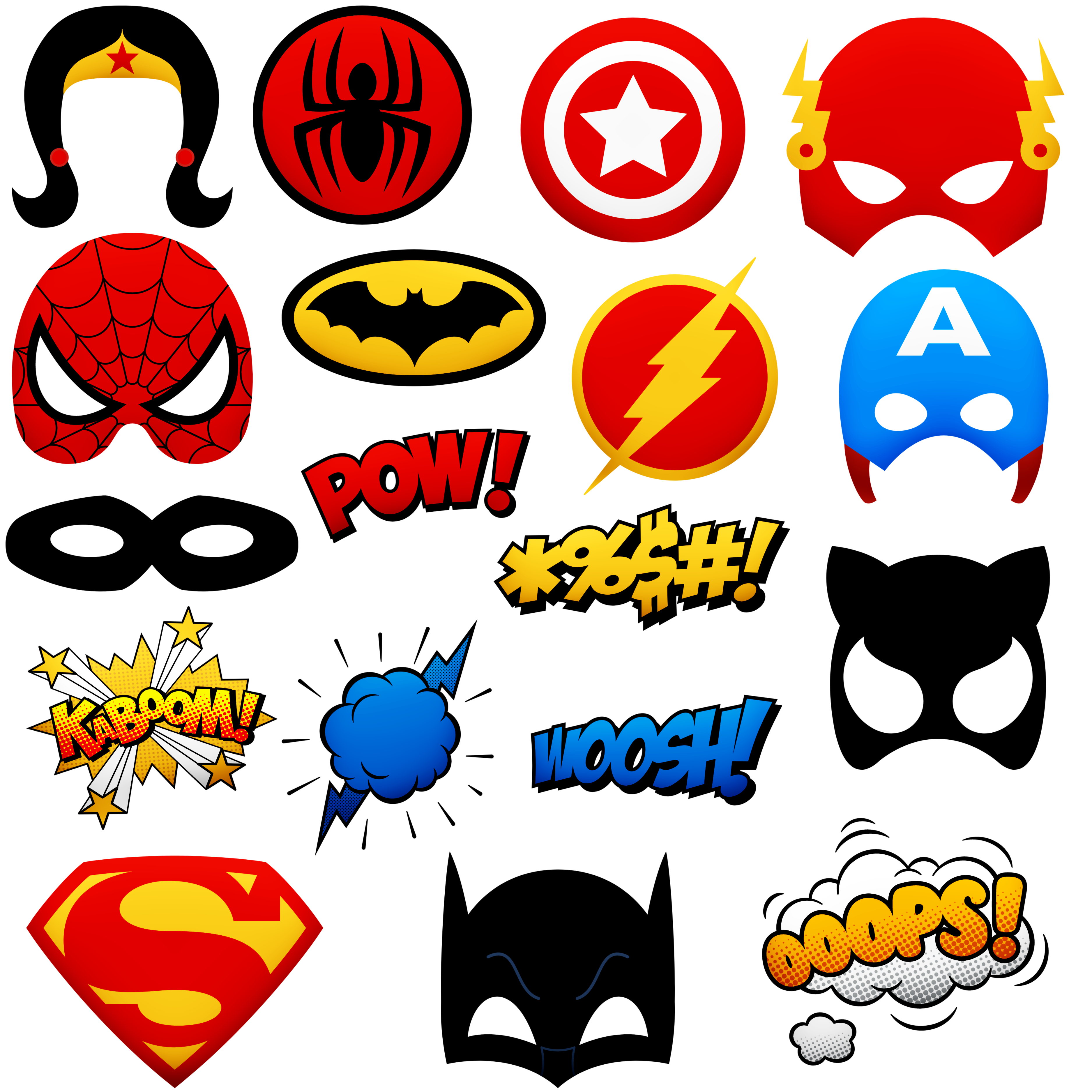 A collage of superhero masks, logos, and words.