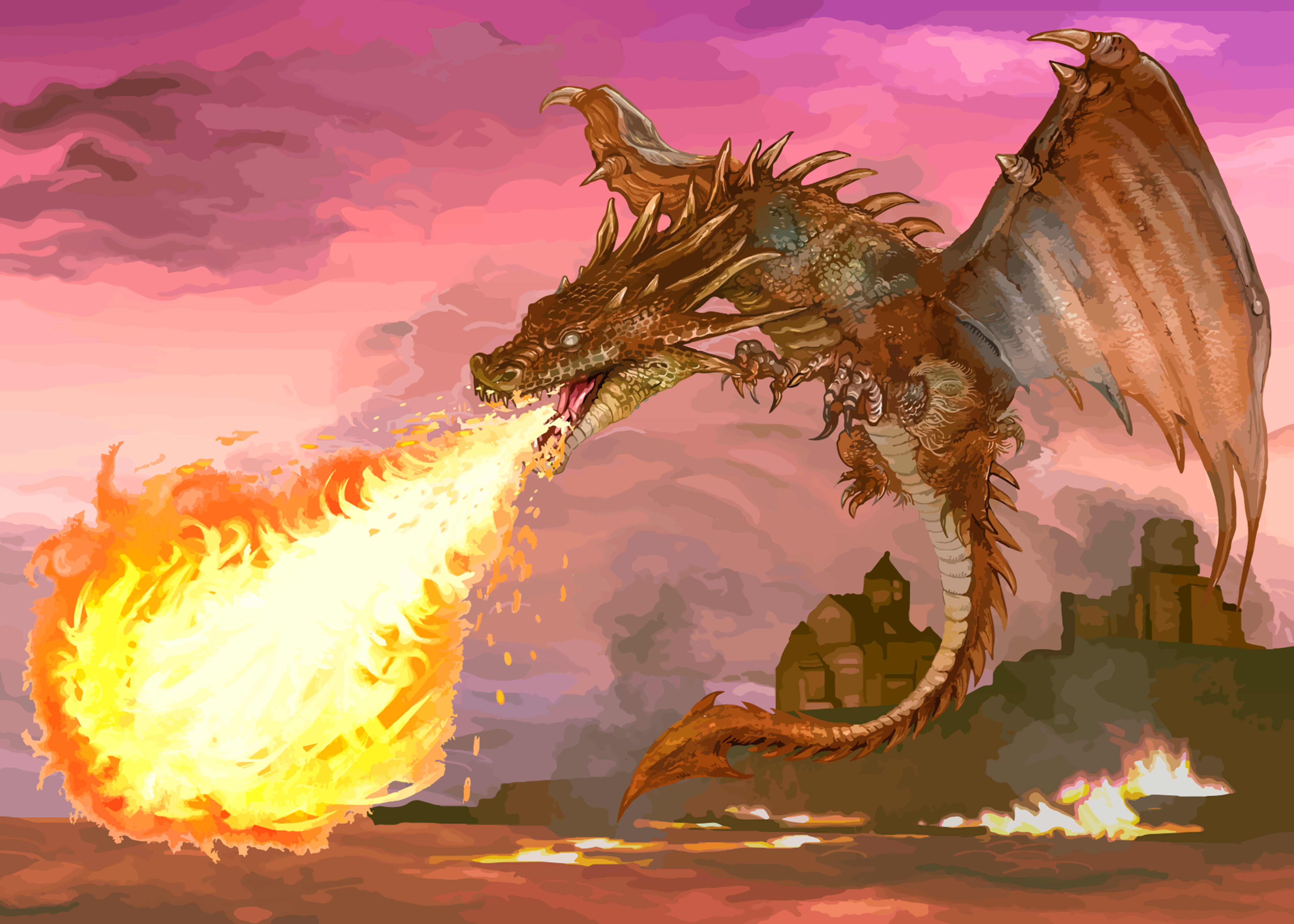 Image of a fire breathing Dragon hovering over a castle.