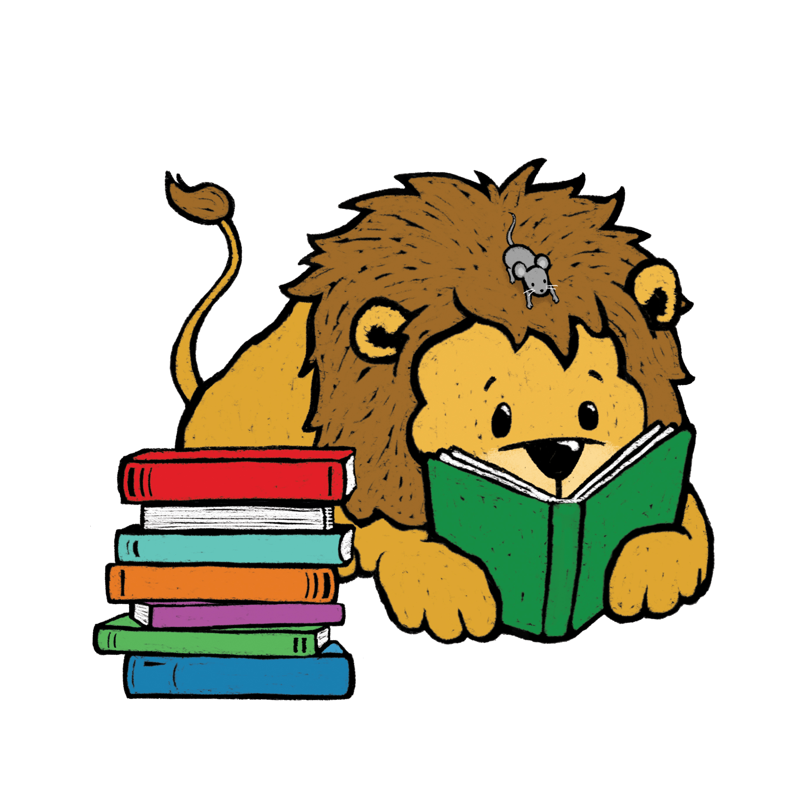 Selina Yoon illustration of a lion reading a book with a mouse on his head.