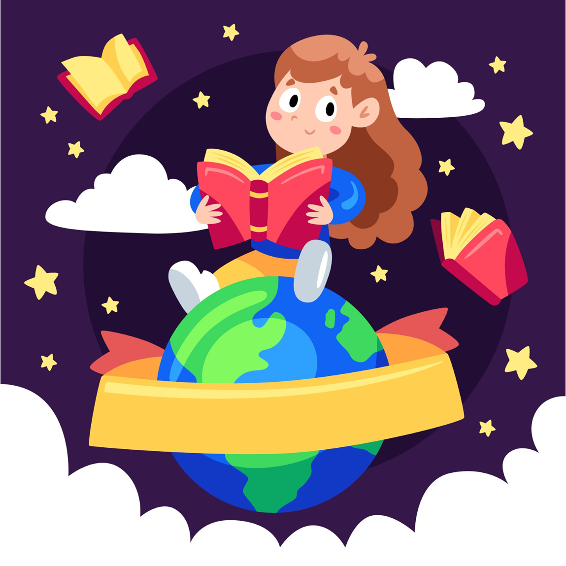 Illustration of a girl sitting on top of the world reading a book in outerspace.