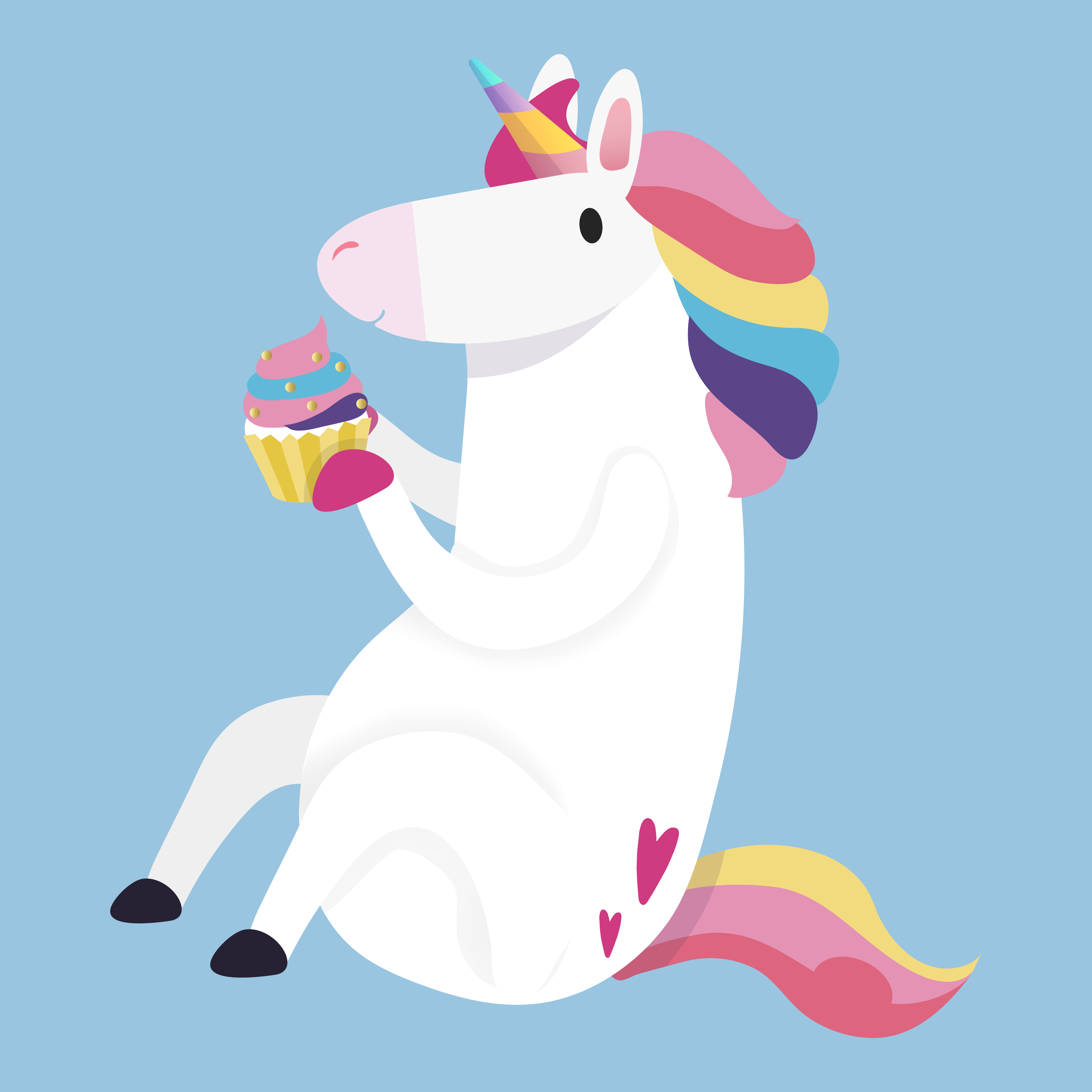 Illustration of a unicorn holding a cupcake on a blue background.