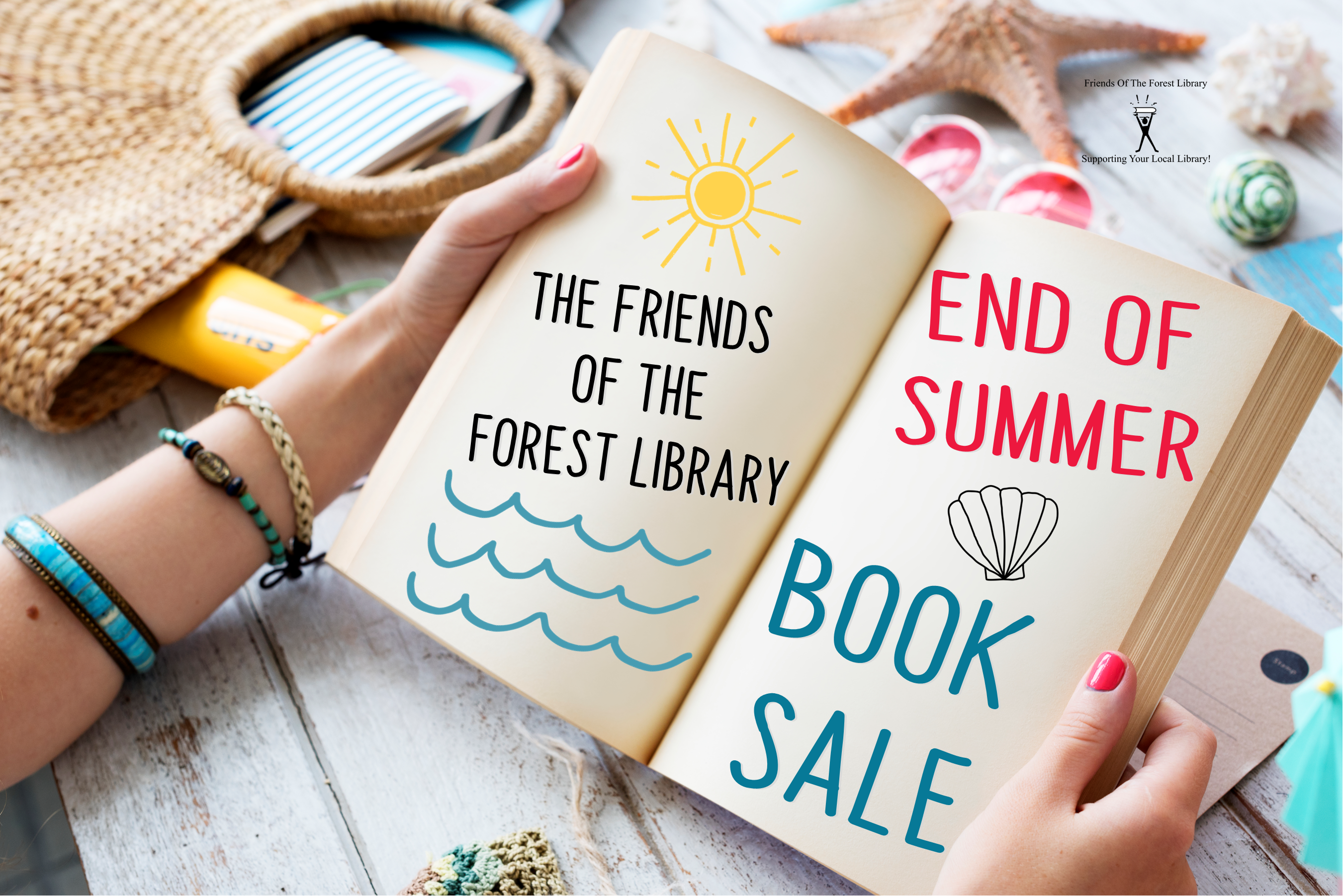 Woman's hands holding a blank paperback book with graphics and the words superimposed over the top surrounded by summery beachy things.
