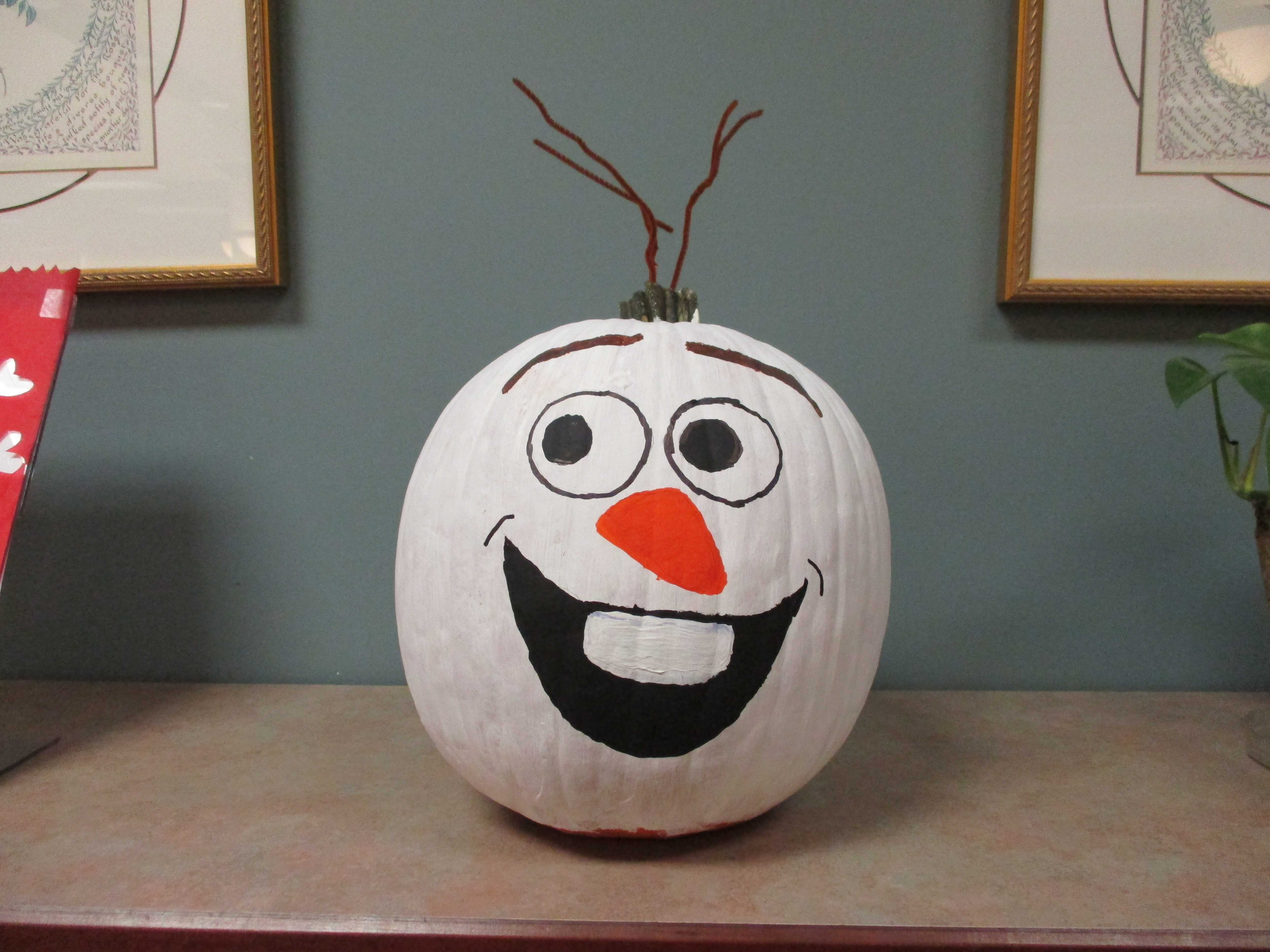 Pumpkin painted to look like Olaf from Frozen.