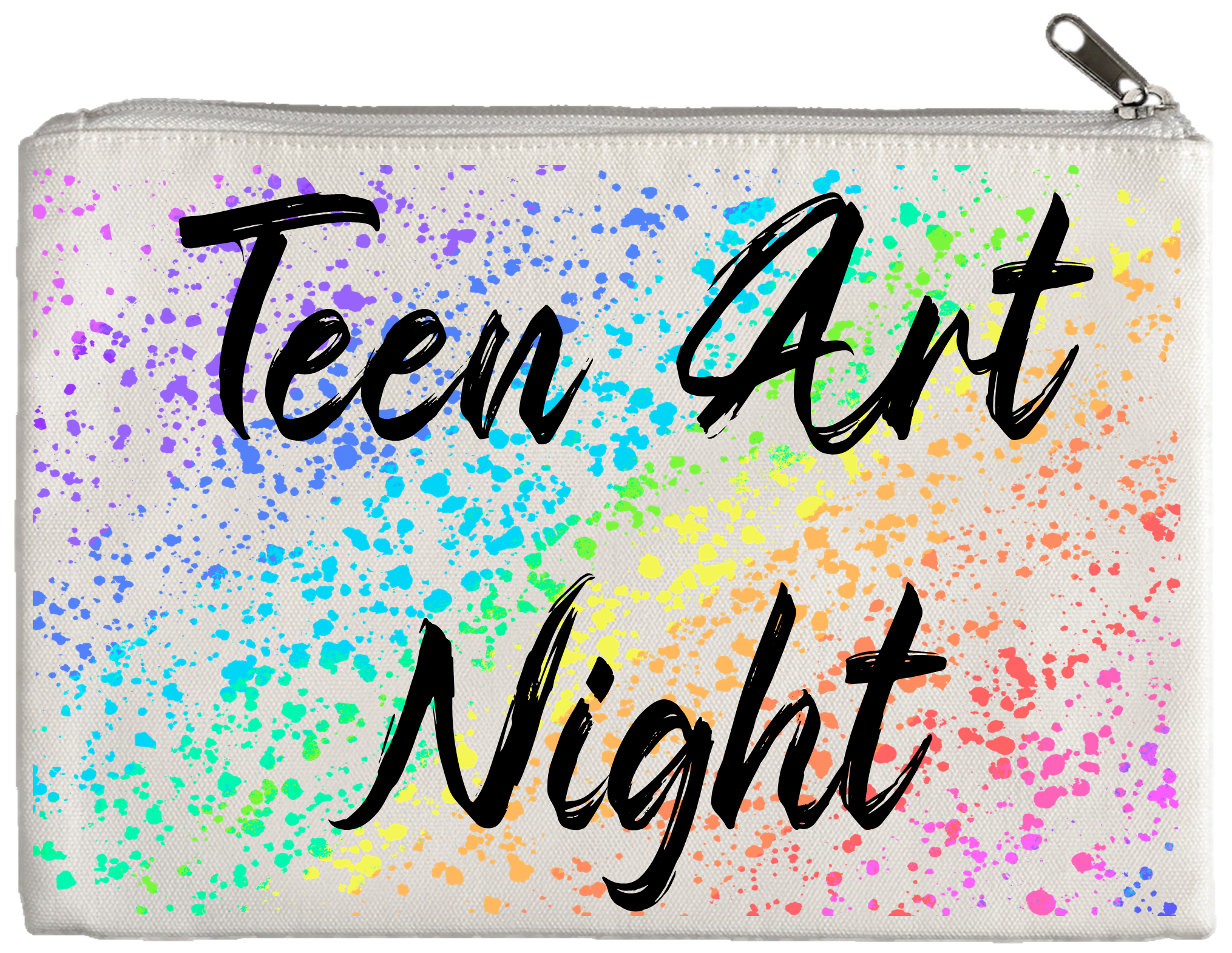 Zipper pouch with paint splatter and words Teen Art Night superimposed over it.