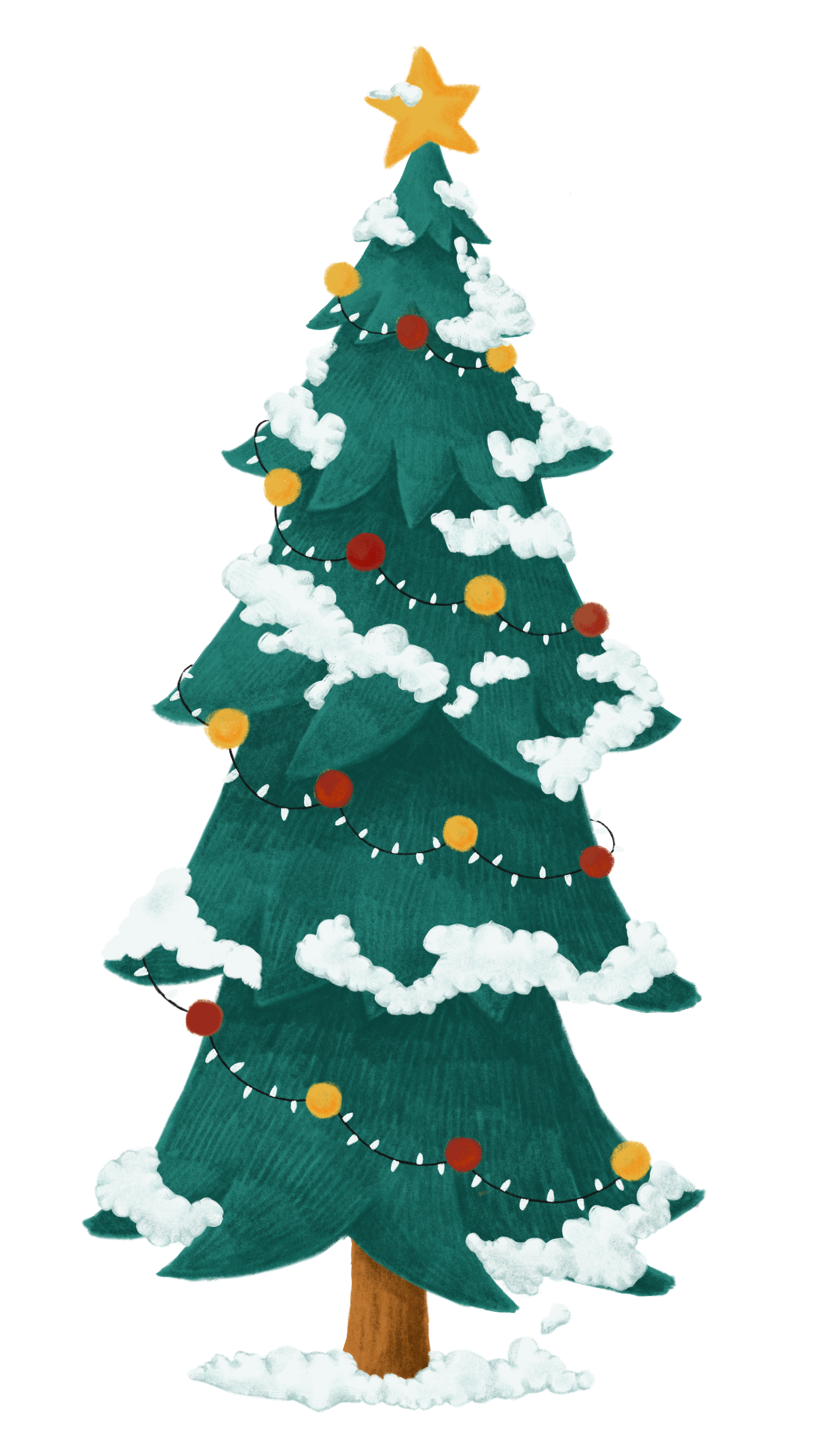Illustration of a Christmas tree covered in lights and snow.
