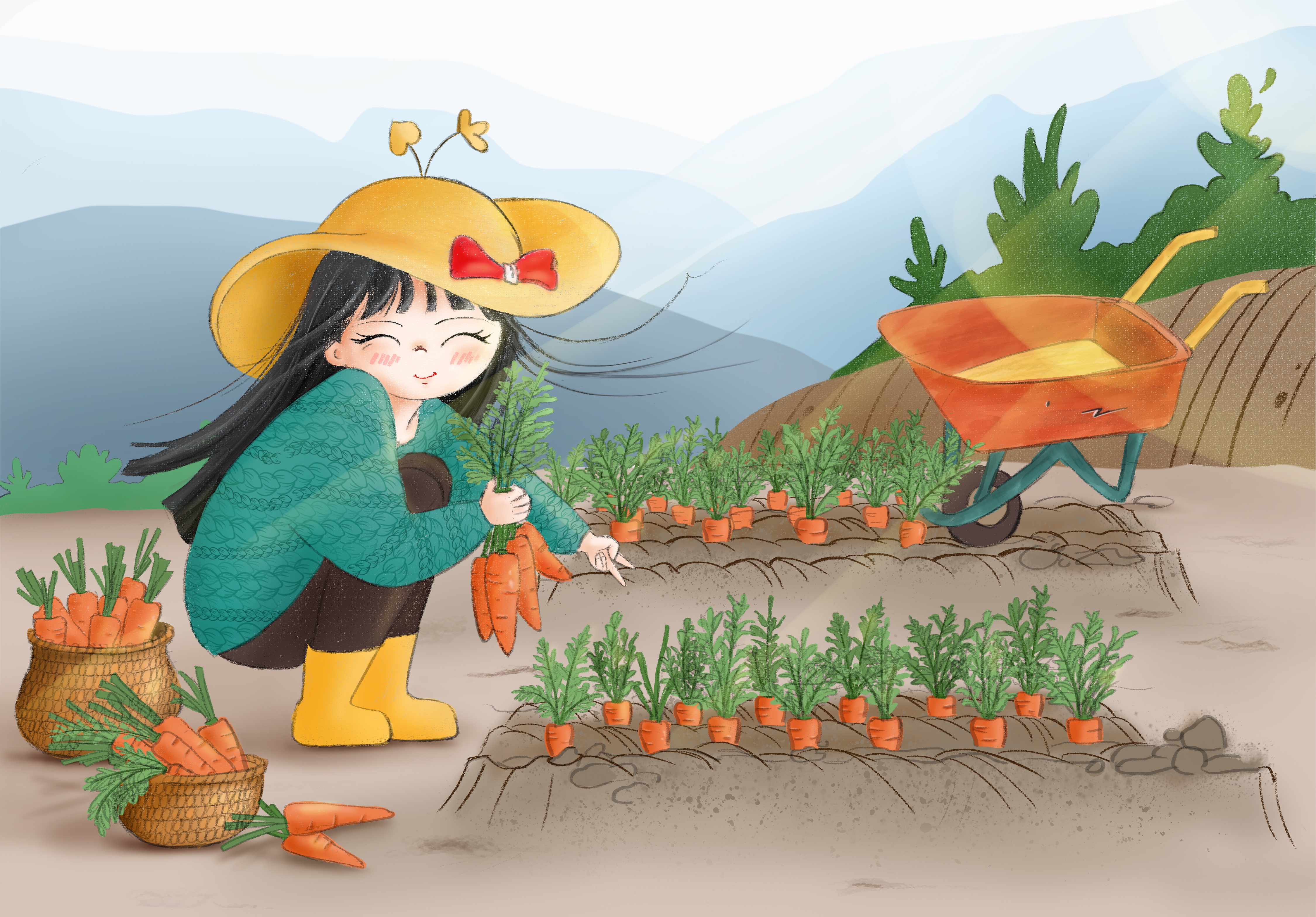 Illustration of a girl pulling carrots in a garden.