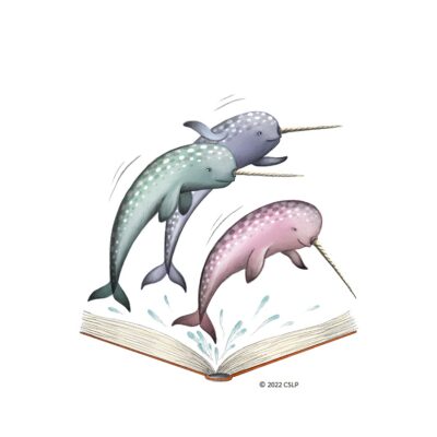 Narwhals jumping out of a book illustration