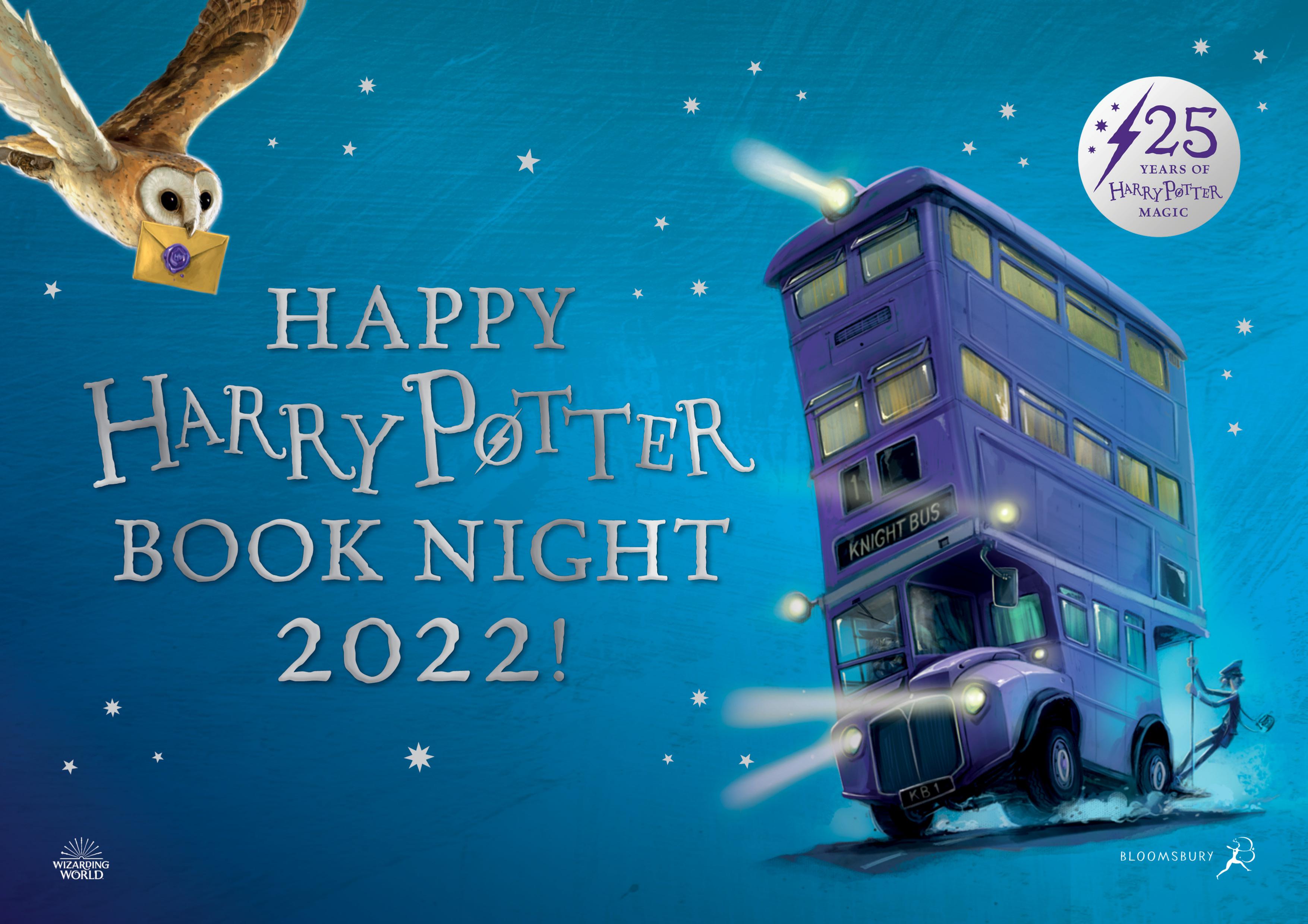 Harry Potter Book Night Poster featuring Hedwig and a Triple layer bus on a starry blue background.