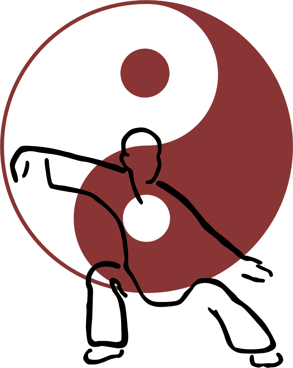 Line drawing of a person standing in a tai chi pose in front of a ying yang symbol.