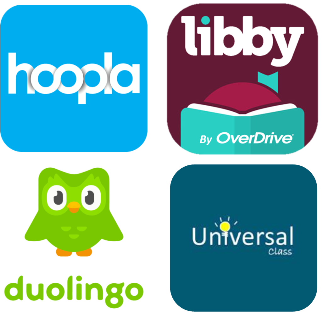 Logos for Hoopla, Libby, Duo Lingo, Universal Class