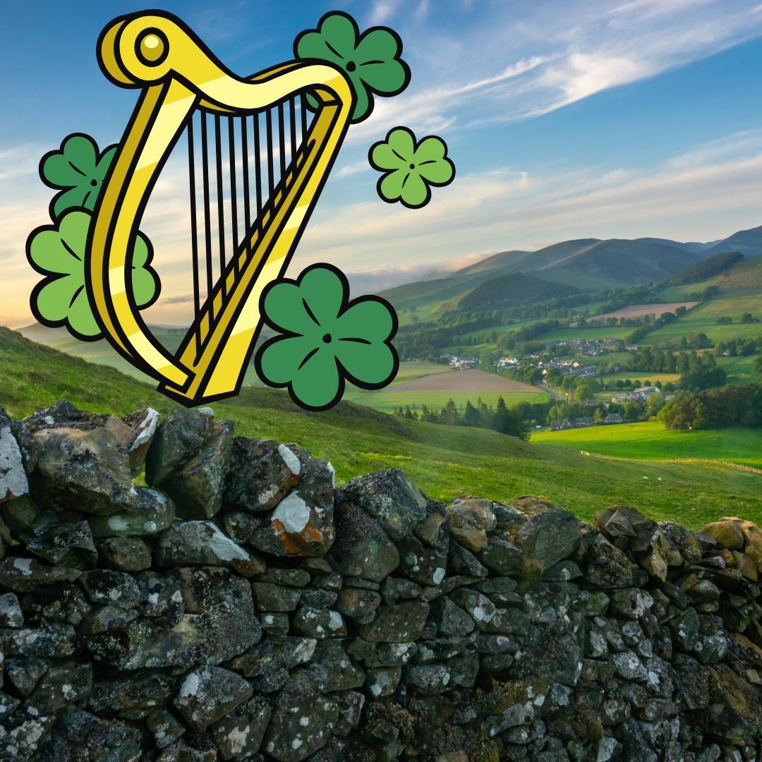 Illustration of a harp with clovers superimposed over a photograph of an Irish village from a distance.