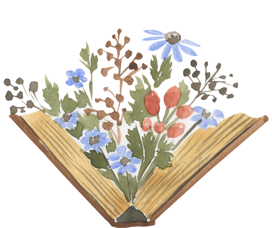 Watercolor image of a book with flowers growing out of it.