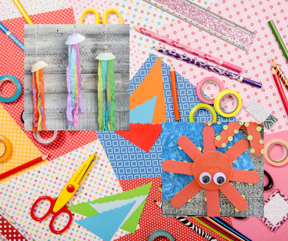 Photos of today's crafts superimposed over a photo of craft supplies. 