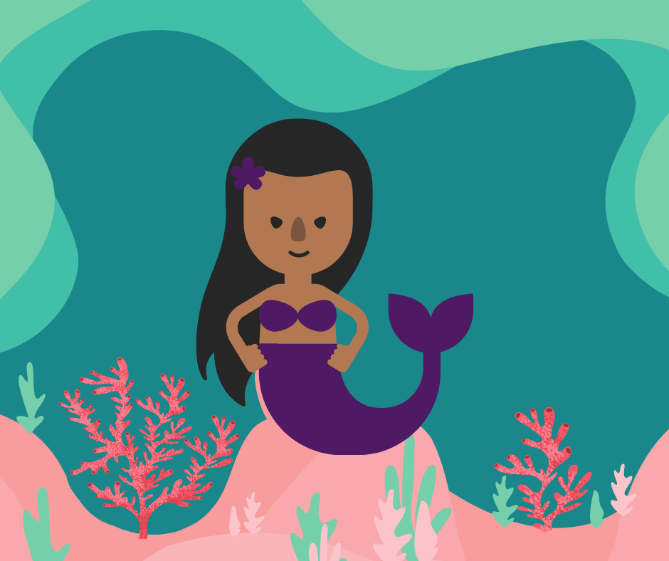 Illustration of a mermaid on the ocean floor surrounded by coral.
