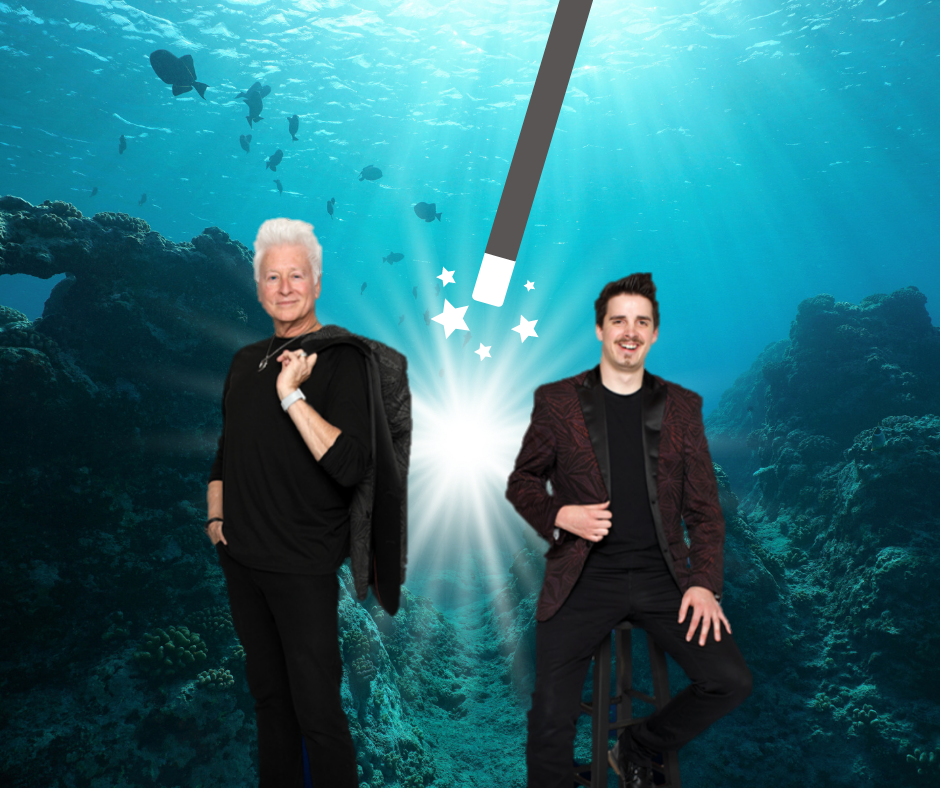 Photo of Chris and Neal superimposed over a photo of the ocean floor and an illustration of a magic wand.