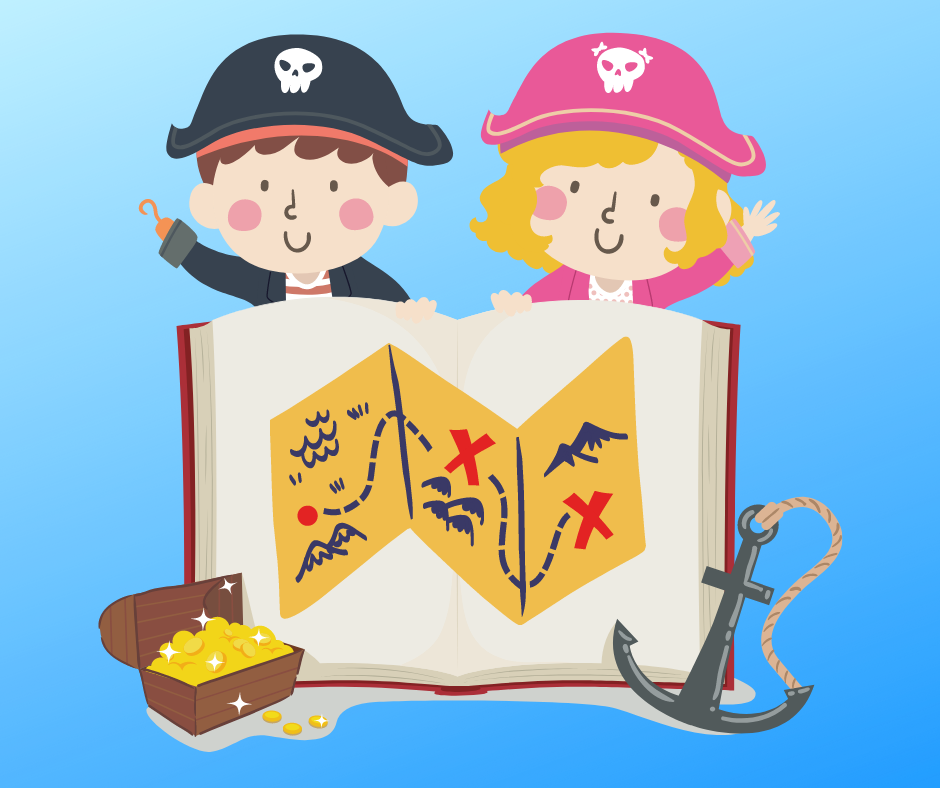 Pirate boy and girl holding a open book with a treasure map, treasure chest, and an anchor on a blue background.