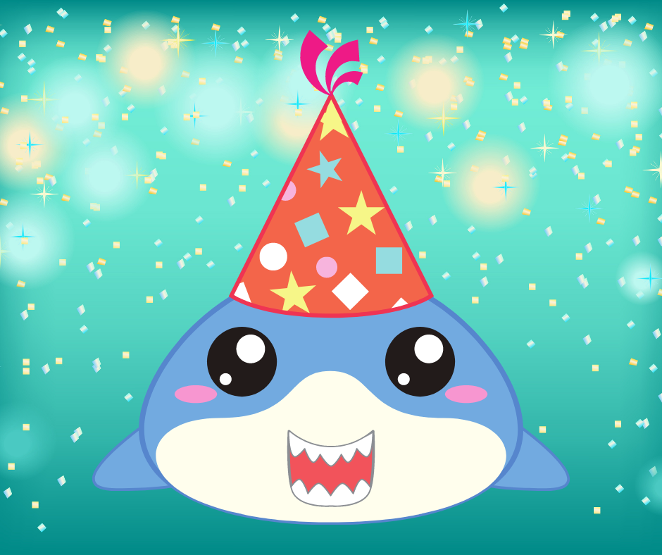 Illustration of a shark wearing a party hat on a festive background with confetti.