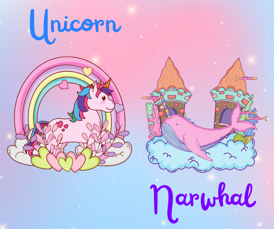 Illustration of a unicorn and a narwhal.