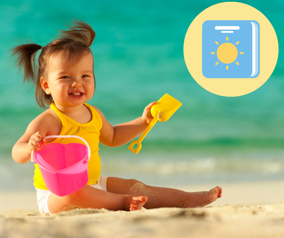 Photo of a baby girl holding a pail and shovel on a beach with the graphic of a baby book that has a sun on the cover in the upper right corner.