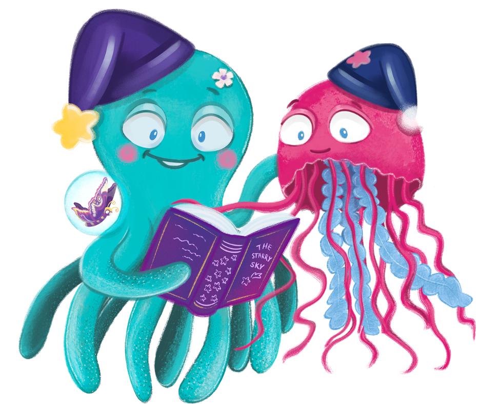 Illustration of an octopus and a jellyfish wearing night caps and reading a book.  There is also a butterfly in a bubble.