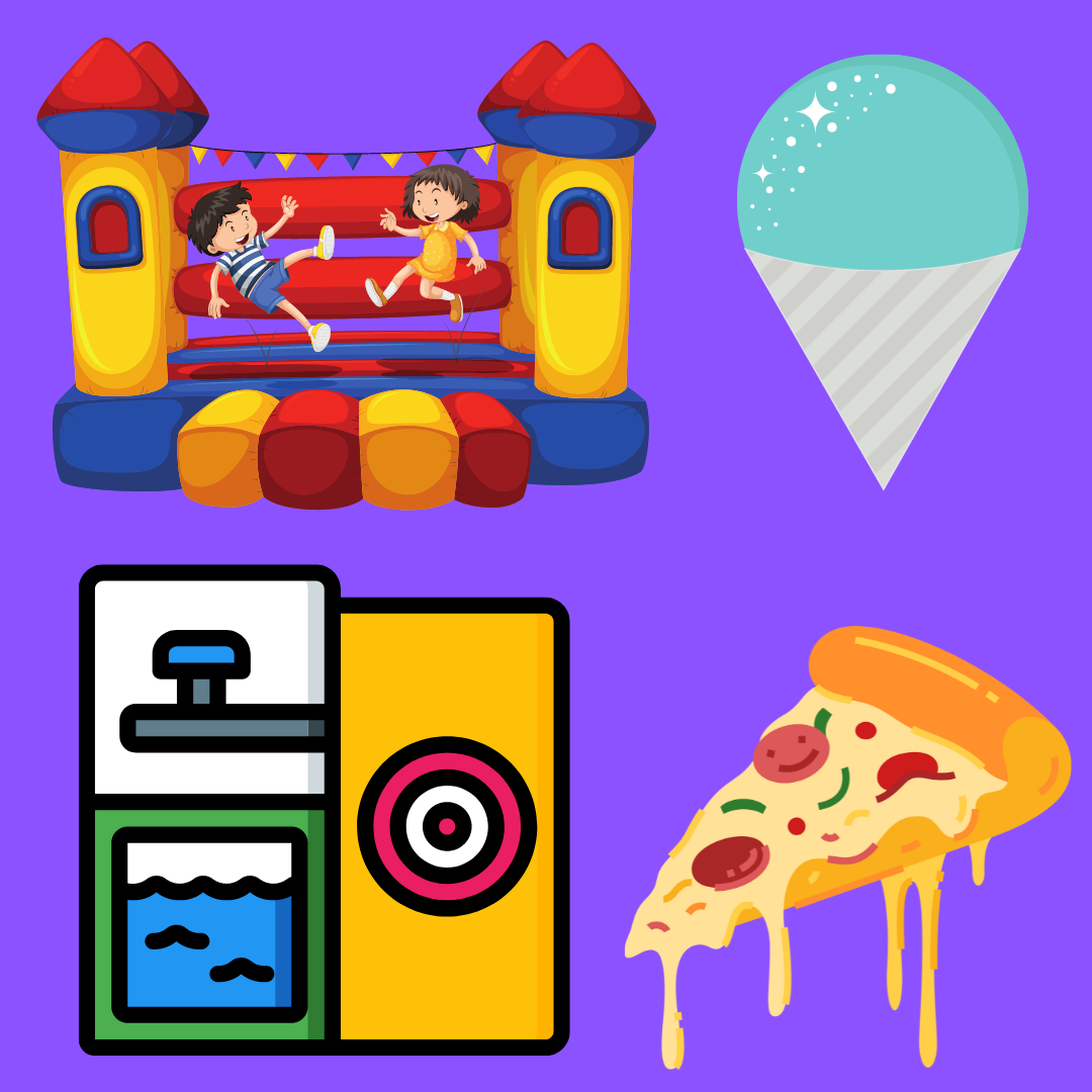 Illustration of a bounce house, snow cone, dunk tank, and a pizza slice on a purple background.