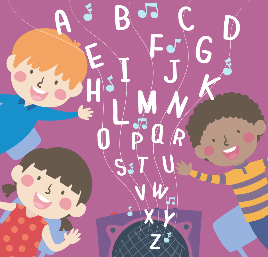 Illustration of 3 children and the letters of the alphabet/music notes floating up from a boom box.