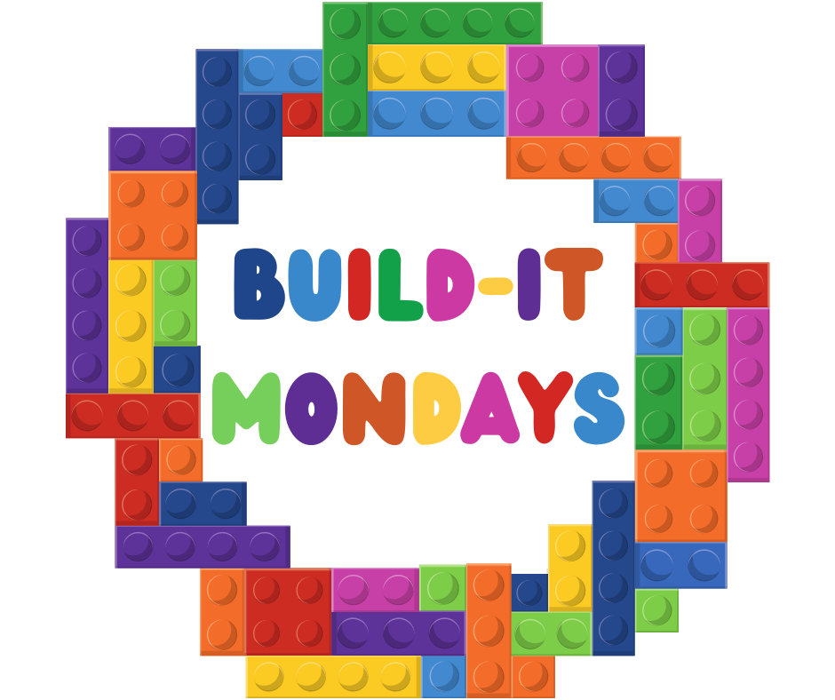 Illustrated circle of Legos with the words Build-It Mondays in the middle.