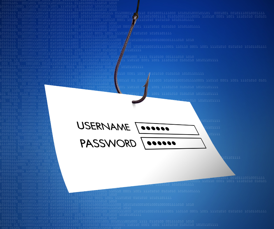 Image of a piece of paper with the words username and password on it next to dots.  The paper is caught on a fish hook.  The background is Blue Binary Code.